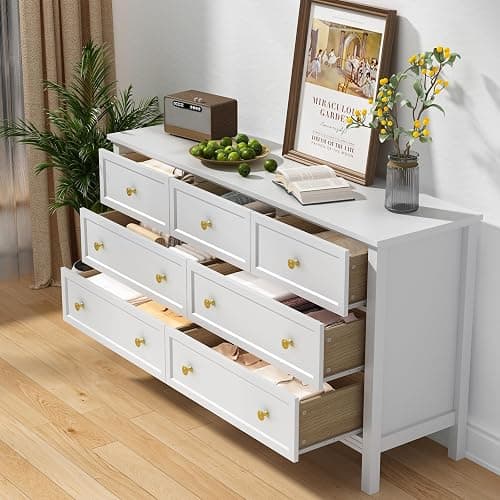 CARPETNAL White Dresser for Bedroom, 7 Drawer Dresser with Wide Drawers and Gold Metal Handles, 55" White and Gold Dressers TV Stand, Modern Dressers & Chests of Drawers for Hallyway, Entryway thumbnail 5