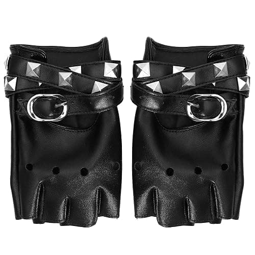 Skeleteen Fingerless Faux Leather Gloves - Black Biker Punk Gloves with Belt Up Closure and Rivet Design for Teens and Kids thumbnail 3