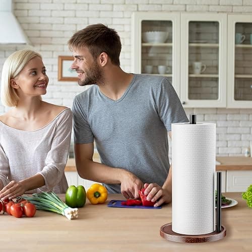 Chinpakden Countertop Paper Towel Holder Wooden - Kitchen Paper Towel Holder Stainless Steel with Real Wood Base, Farmhouse Paper Towel Roll Dispenser Fits Standard and Jumbo Size Paper Towels. thumbnail 7
