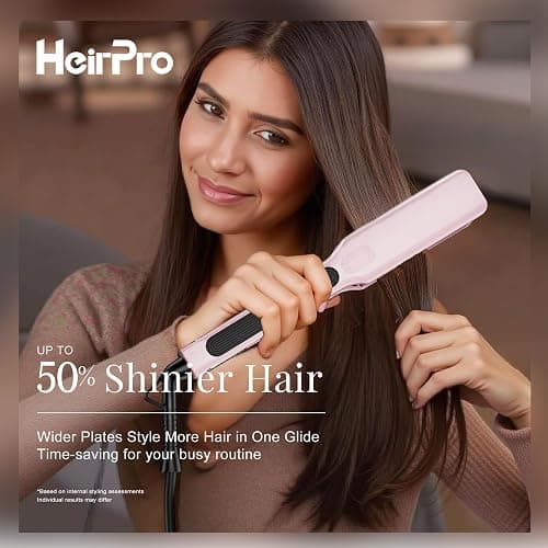 HeirPro Ceramic Flat Iron Hair Straightener with 3D Floating Plate,Hair Iron Straightener with 15 Temps for Thick Hair | Ergonomic Silicone Handle | LCD Display | Dual Voltage (Light Pink) thumbnail 2