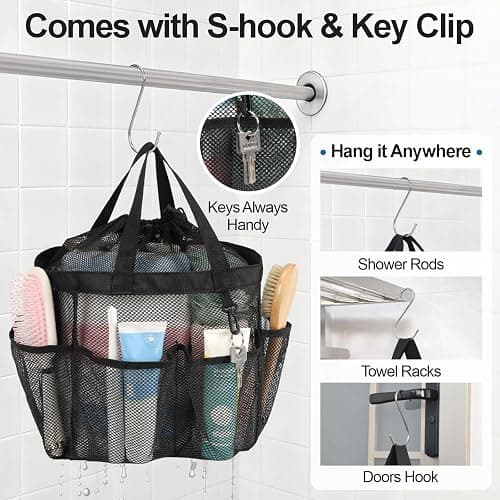 F-color Mesh Shower Caddy Portable with Drawstring, S Hook - 8 Deeper Pockets 2 Handles College Dorm Room Essentials for Girls Guys, Shower Bag Hanging for Camping Gym Travel Toiletry Bathroom, Black thumbnail 8