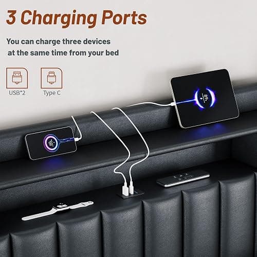 CypBed King Size Bed Frame with Headboard & 4-Storage Drawers, Upholstered | PU Leather Bed Frame with 3 USB & Type-C Charging Ports,Solid Wood Slats,No Box Spring Needed,Noise-Free,Black,Gift thumbnail 7