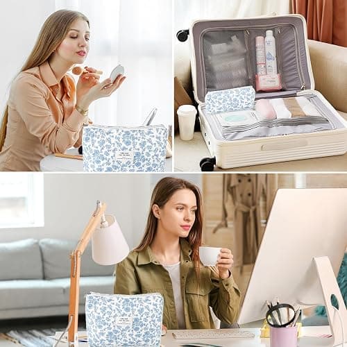 2Pcs Quilted Cotton Makeup Bag Large Travel Makeup Pouch Small Brush Holder Set for Women Floral Coquette Makeup Bag Cute Aesthetic Cosmetic Bag Blue Toiletry Organizer Storage Bag Big Zipper Pouch thumbnail 4