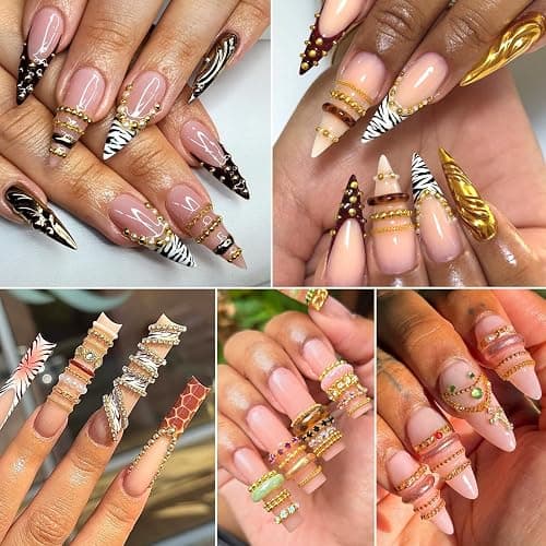 12 Strips Metal Chain 3D Nail Art Charms, Punk Alloy Nail Rivets Jewelry | Gold Silver Dark Gray Nail Chains, Gothic Manicure Accessories for Women, DIY Crafts Decorations thumbnail 3