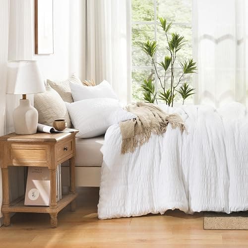 AveLom Seersucker White Comforter Set Full, 3 Pieces- 100% Soft Washed Microfiber Lightweight Comforter with 2 Pillowcases, All Season Down Alternative Bedding Set (80x90 inches) thumbnail 7