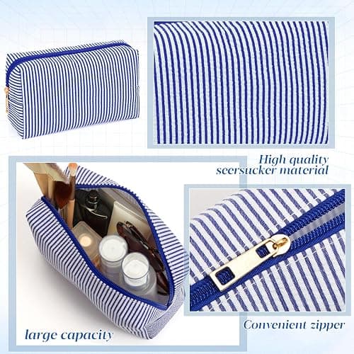 Sanwuta 6 Pcs Seersucker Cosmetic Bags Bulk Seersucker Makeup Bags Stripe Women Pouch Large Preppy Storage Pouch Toiletry Travel for Wedding Bridesmaid Bride Favor Back to Teacher Gift (Navy Blue) thumbnail 5