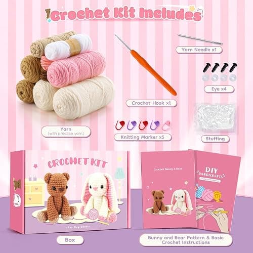 Easter Crochet Kit for Beginners, Bunny and Bear Crochet Kit with Step-by-Step Video Tutorials, Crocheting Kit for Starter, Beginner Crochet Kit for Adult, Stuffed Animal Knitting Kit for Valentines thumbnail 2