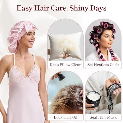 Silk Satin Bonnet Hair Wrap for Sleeping Women, Adjustable Tie Band Double Layer Sleep Night Head Cover for Curly Braid Fine thumbnail 3