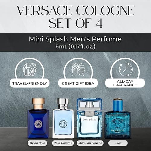 Versace Cologne for Men Set of 4 Mini Eros, Pour Homme, Dylan Blue, Eau Fraiche Perfume for Men Fragrance Sampler Set - Designer Mens Cologne Samples (4 Count, 0.17 oz) thumbnail 2