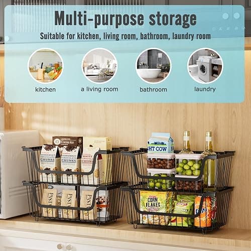 4 Pcs Stackable Wire Baskets Pantry Organizers and Storage Bins,Black | Breathable Metal Design with Rotating Handle,Idea for Potato Onion Fruit Snack Veggie Kitchen Countertop Freezer Organization thumbnail 6