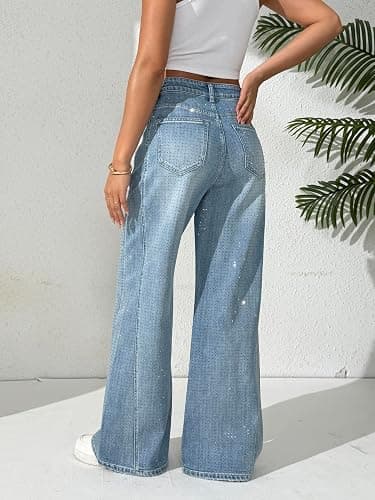 heipeiwa Women's Rhinestone Jeans Wide Leg Flare Denim Pants High Waist Sparkle Shiny Sequin Glitter Trouser thumbnail 5