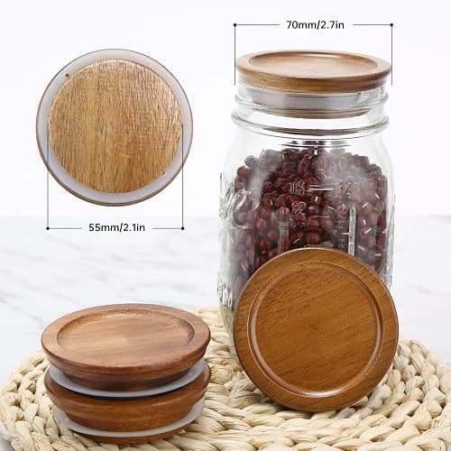 6 Pack Regular Mouth Mason Jar Lids Reusable canning lids Acacia Wooden mason jar Lids with Airtight Silicone Seal, Brown (6PCS Regular Lids) thumbnail 3
