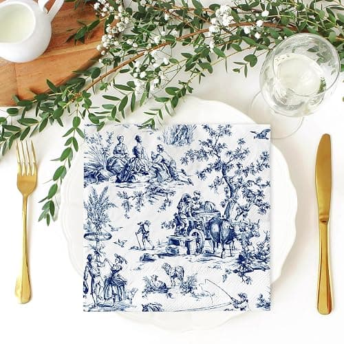 JarThenaAMCS 80 Sheet Blue White Paper Napkins French Village Printed Disposable Napkins Farmhouse Decorative Luncheon Dinner Napkins for Party Supplies Table Decor, 6.5 x 6.5 Inch thumbnail 4