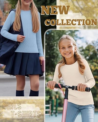 LessonZoo 3 Pack Girls Long Sleeve Shirts Ribbed Knit Cotton Layering Tops Slim Fit Crewneck Casual Undershirts thumbnail 3