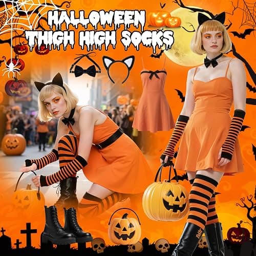Zando Halloween Striped Women Thigh High Socks Fingerless Gloves Arm Warmers Thigh Highs Over the Knee Socks Leg Warmers thumbnail 2