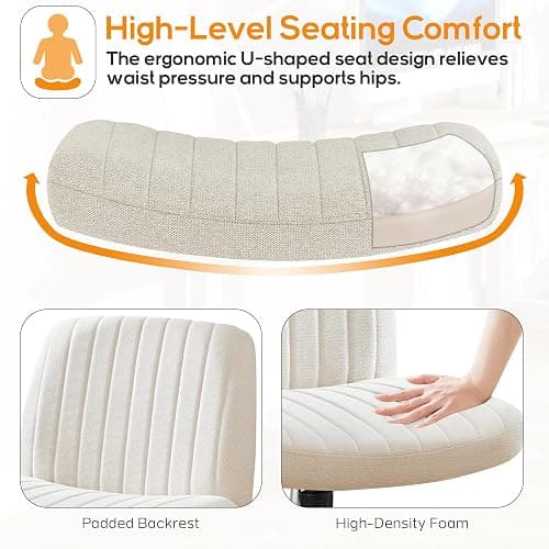 DUMOS Criss Cross Chair Legged Office Wide Comfy Desk Seat, No Wheels Armless Computer Task Seating, Swivel Vanity Home Height Adjustable - Modern - Beige thumbnail 5