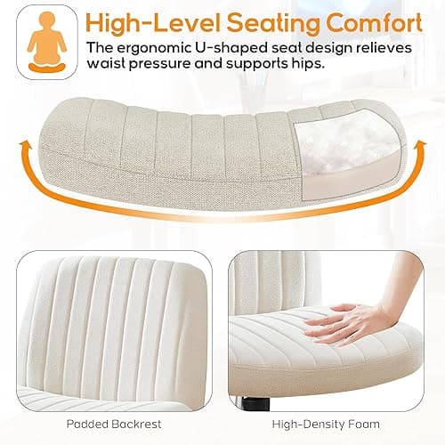 DUMOS Criss Cross Chair Legged Office Wide Comfy Desk Seat, No Wheels Armless Computer Task Seating, Swivel Vanity Home Height Adjustable - Beige - Modern thumbnail 5