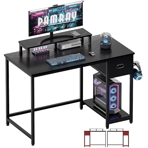 Pamray 39 Inch Computer Desk with Monitor Stand Small Home Office Desks with Non-Woven Storage Drawer for Bedroom Study Table Writing and Work Desk Black - Image 1