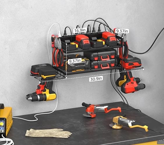 CCCEI Garage Tools Storage with Charging Station. Power Tool Battery Organizer Utility Shelf with Power Strip. 4 Drills Holder Wall Mount Rack, Black. thumbnail 2