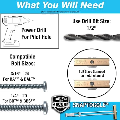 TOGGLER SNAPTOGGLE Heavy-Duty Drywall Toggle Bolt – 3/16"-24 UNC Zinc-Plated Anchor for Hollow Walls, Plaster & Tile – Holds 238 lbs in 1/2" Drywall, Easy Install – 10 Pack (with Bolts) thumbnail 3