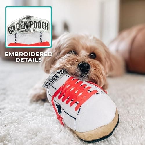 Haute Diggity Dog Original Golden Pooch Tennis Shoe, Plush Designer Dog Toys with Interactive Squeaker, Stimulating Pet Enrichment, Machine-Washable & Safe Materials for All Breeds, One Size thumbnail 3