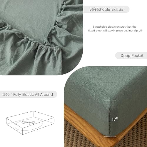 MooMee Fitted Bottom Sheet Only 100% Washed Cotton Linen Like Textured Breathable Durable Soft Comfy Deep Pocket Fits Mattress up to 17" (Heathered Green, King) thumbnail 6