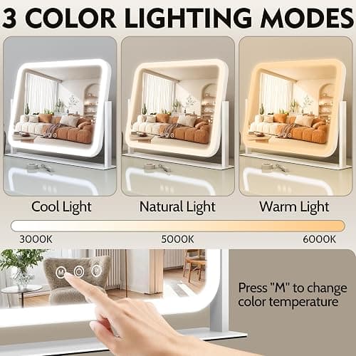 ROLOVE Lighted Makeup Mirror, 17"x13" Vanity Mirror with Lights, 10X Magnification, Gifts for Women, 3 Color Lighting Modes, Smart Touch Control, 360° Rotation for Bedroom or Tabletop (White) thumbnail 4