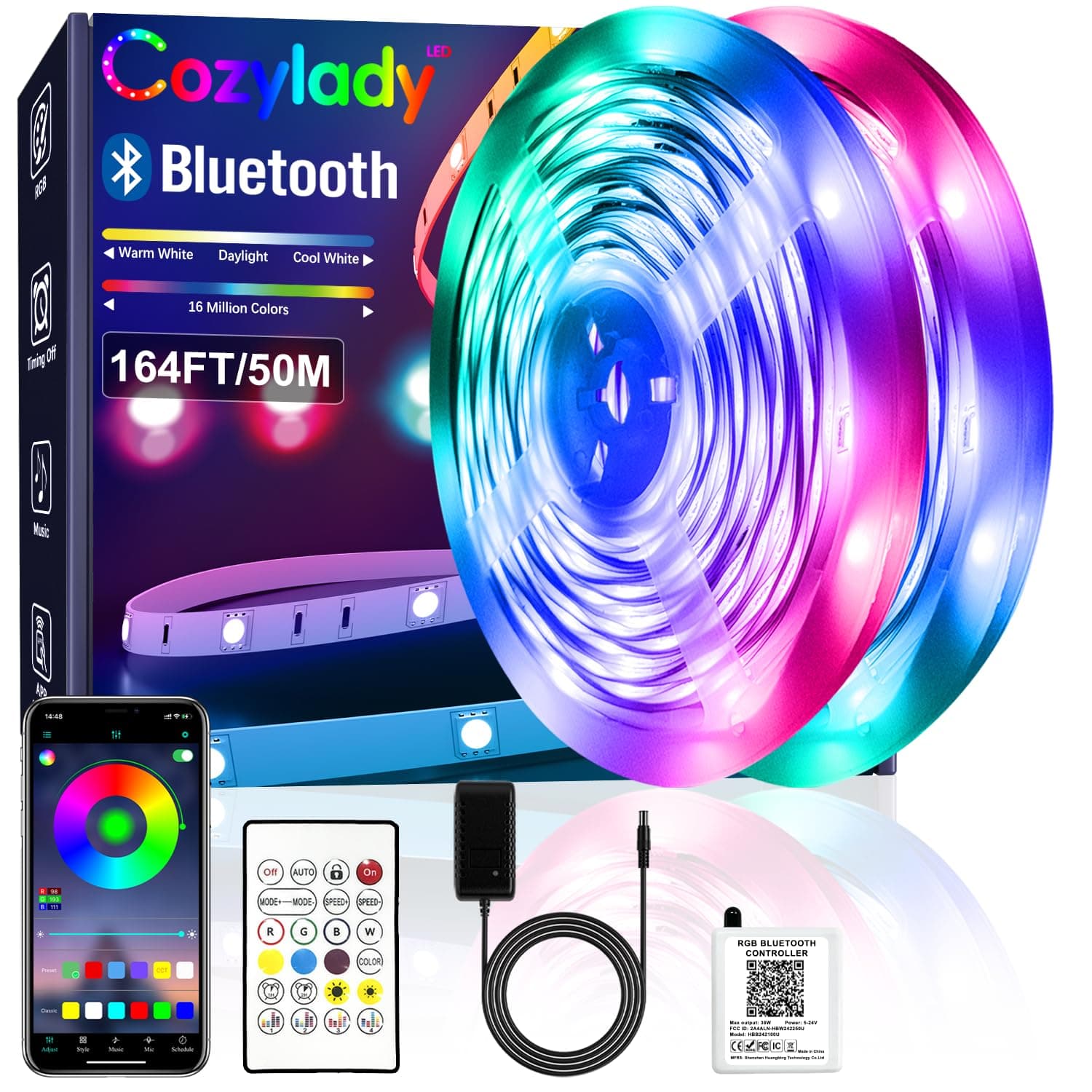 Bluetooth LED Strip Lights 50m, Cozylady 164FT LED RGB LED Light Strips Music Sync Color Changing APP Control Flexible String Lights for Home Kitchen Bar Bedroom Decor, Children's Room Decorations - Image 1