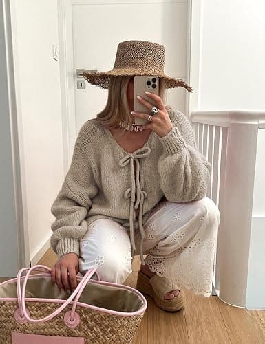 SKIKYAN Women Bowtie Oversized Knit Sweater Cardigan Y2K Long Sleeve V Neck Open Front Casual Knitwears thumbnail 4