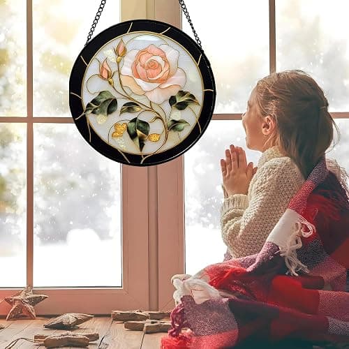 AMDERVEN Stained Glass Window Hanging - Black White Pink Rose Sun Catcher for Door Home Decor Flower Suncatcher Christmas Mother's Day Birthday Gifts for Women Men Lovers Mom Nana 7.8 in thumbnail 2