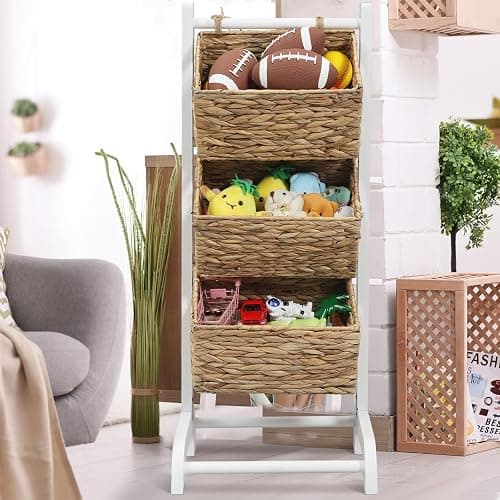 Menkxi Wicker 3 Tier Foldable Storage Basket Floor Rack with Market Storage Basket Water Hyacinth Storage Rack Hand Woven Laundry Rack for Bathroom Kitchen Laundry Room Living Room Storage(White) thumbnail 7