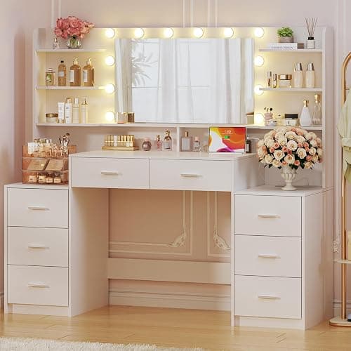 HUAHUU Large Vanity Desk with Mirror & Lights, White Makeup Vanity with 8 Drawers & 6 Storage Shelves, Vanity Set with LED Lights and Power Outlet, 3 Lighting Modes, Adjustable Brightness thumbnail 9