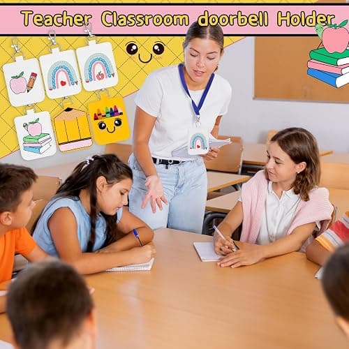 MotiMind 6 Pcs Classroom Doorbell Holder for Teachers Lanyard, PU Leather Class Bell Keychain Case for Back to School Gift(Crayon, Pencil, Rainbow, Book) - Crayon, Pencil, Rainbow, Book thumbnail 5