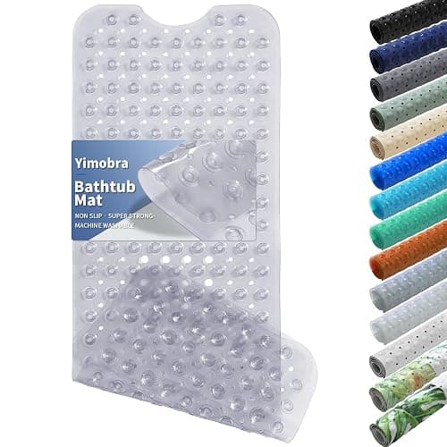Yimobra Non Slip Bathtub Mat 40"x16", Super Strong Suction Cups, Extra Long Shower Mat with Drain Holes, Machine Washable Fast Draining Bathroom Floor Mat, Clear Grey - Image 1