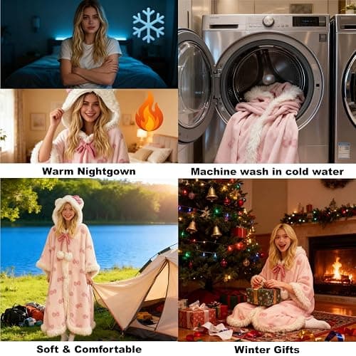 CHERSE Cute Cartoon Winter Hooded Nightgown Pajama Set Robe Snuggie Wearable Blanket Hoodie for Women Pink Bow thumbnail 6