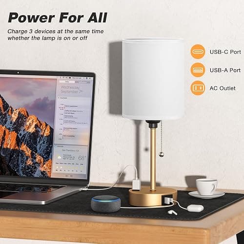 Dicoool Small Bedside Lamps 3 Color Modes - 3000K 4000K 5000K Bedroom Lamps with USB C and A Ports, Pull Chain Gold Table Lamps with AC Outlet, Nightstand Lamps with Gold Metal Base for Kids Reading thumbnail 7