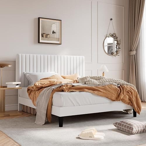 SHA CERLIN Queen Upholstered Platform Bed Frame with Vertical Channel Tufted Velvet Fabric Adjustable Headboard, Wooden Slats Support, Mattress Foundation, Box Spring Optional, White thumbnail 3