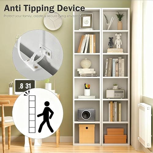 SiliBamb Narrow Bookshelf, 6-Tier Open Bookcase, Coner Shelf, Storage Shelves, Display Storage Shelves, Floor Standing Unit, Home Decor, Furniture for Home Office, Living Room, Bedroom, White thumbnail 3