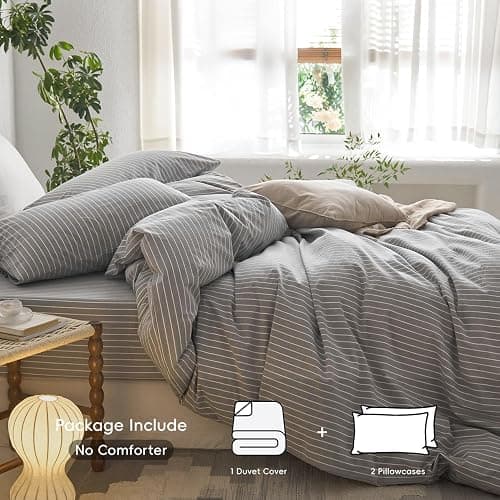 MooMee Striped Duvet Cover Set 100% Washed Cotton Linen Like Textured Breathable Durable Soft Comfy (Light Grey White Wide Stripes, Oversized Queen 98"x98") thumbnail 2