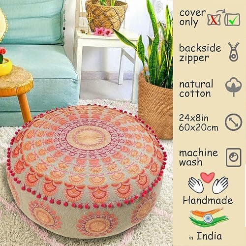 Mandala Life ART Large Boho Pouf Cushion Cover Pink Round Floor Pillow Luxury Kids Room Décor Cotton Pouf Ottoman Cushion for Meditation Yoga and Boho Chic Seating Area Stool Cotton 24x8 Unstuffed thumbnail 3