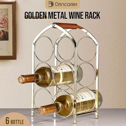 Drincarier Countertop Wine Rack - 6 Bottle Freestanding Modern Gold Metal Small Wine Rack - 3 Tier Tabletop Wine Holder Stand for Cabinet, Pantry, Wine Bottle Storage thumbnail 6