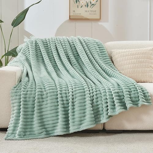 NEWCOSPLAY Super Soft Throw Blanket New Sage Green Premium Silky Flannel Fleece 3D Ribbed Jacquard Lightweight Bed Blanket All Season Use (New Sage Green Ribbed, Throw(50"x60")) thumbnail 4