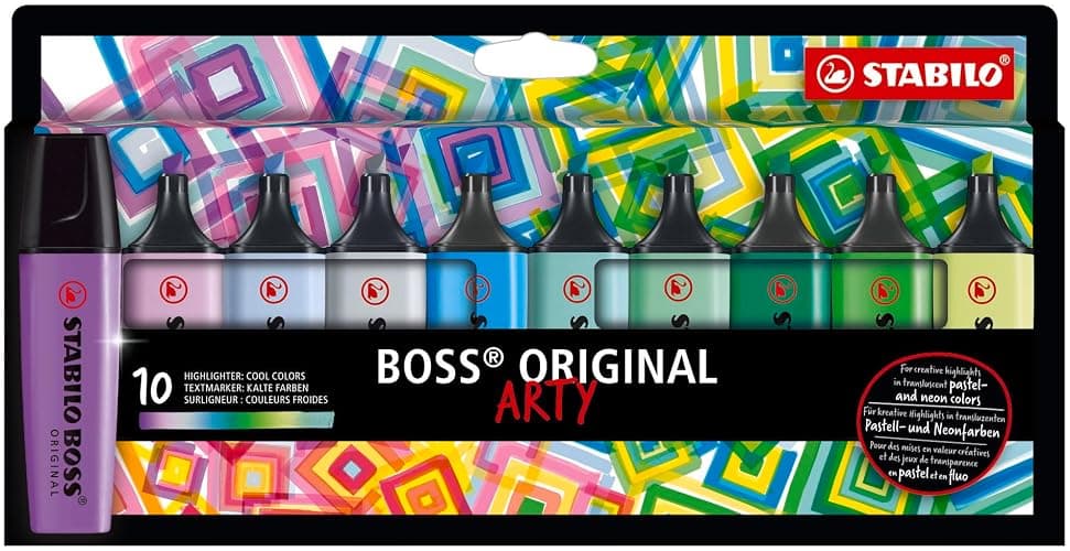STABILO Highlighter BOSS ORIGINAL - ARTY - Pack of 10 - Cool Colors, Chisel Tip, Anti-Dry Out Technology - Image 1