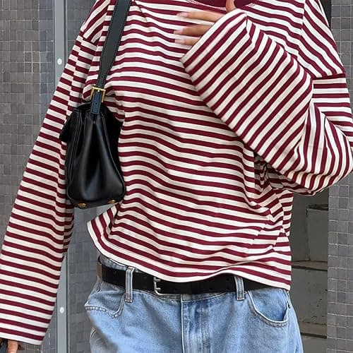 KOSUSANILL Women Oversized Striped Long Sleeve Shirt Crewneck Cropped Tops Drop Shoulder Y2K Preppy Sweatshirt Fall Clothes thumbnail 7