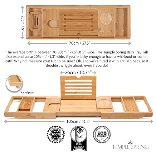 Temple Spring Bamboo Bathtub Tray Caddy for Tub — Expandable Wood Bath Tray with Solid Book Stand Wine Holder and Non-Slip Pads — Includes Bamboo Soap Dish and Spa Accessories — Luxury Bath Gift Set thumbnail 4