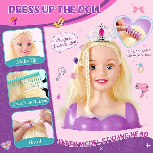 TUZT Hair Styling Doll Head Makeup Kit for Girls Toys, Hair Salon Toys & Real Makeup Nail Polish, Kid Beauty Hair Stylist with Hairdryer Curling Iron, Birthday Gift for Girl 3 4 5 6 7 8+ Year Old Toy thumbnail 4