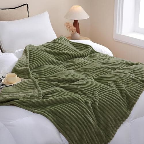 Linecooo Olive Green Fleece Throw Blanket 50”×60” for Couch Sofa Bed,Super Soft Cozy Plush Microfiber Flannel Blanket with Stripes Design Lightweight for Adults,Woman,Girls thumbnail 3