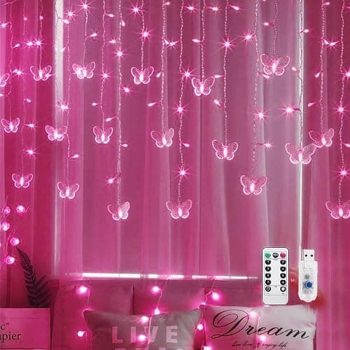 Butterfly Curtain Fairy Lights, 120LED Pink Twinkle String Lights with Romote, 8 Modes USB Powered Christmas Lights for Wedding, Bedroom, Party Decoration - Image 1