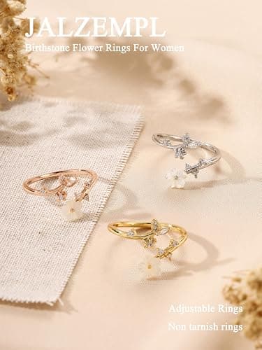 Gold Rings for Women Birthstone Adjustable Flower Non Tarnish Jewelry | 14K gold, rose gold & silver plated, mother of pearl flower with cubic zirconia, fits sizes 7-11, birthday gift thumbnail 4