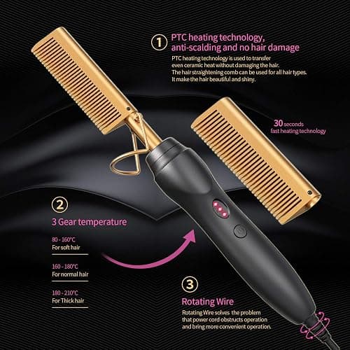 BudiGl Ceramic Hot Comb Hair Straightener Pressing Combs Electric Straightening Comb for Natural Black Beard Wigs Gift for mom thumbnail 2
